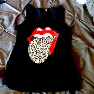 Black tank top with leopard print lips design. Size small/oversized. Brand new.